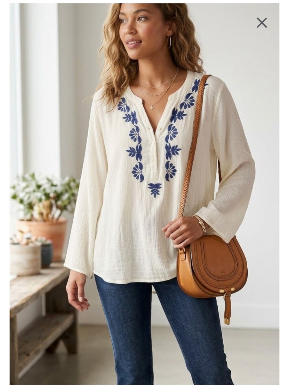 Boho Ivory Tunic with Navy Floral Embroidery